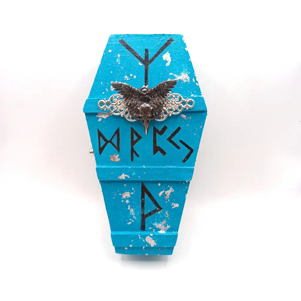 Crow and Rune wooden coffin jewerly box